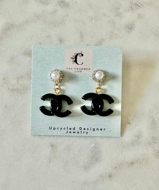 CC black resin faux pearl earrings