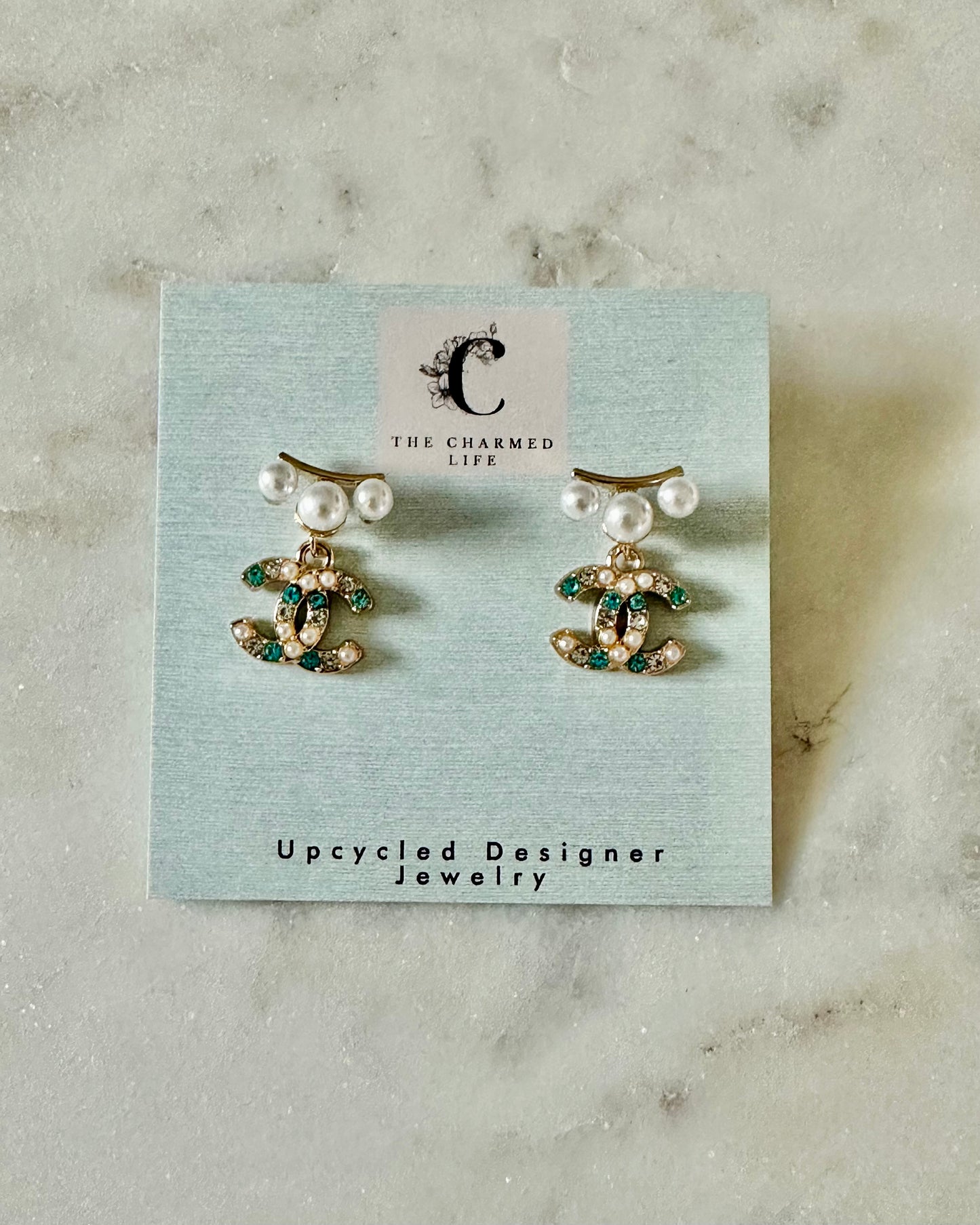 CC turquoise and faux pearl earrings