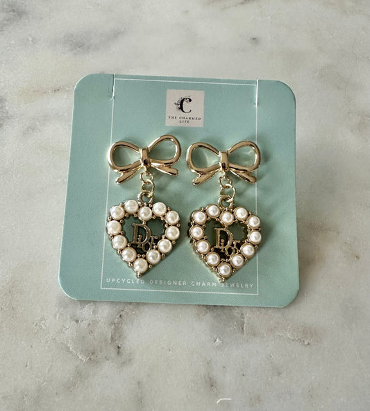 Dior heart faux pearl bow pendant earrings