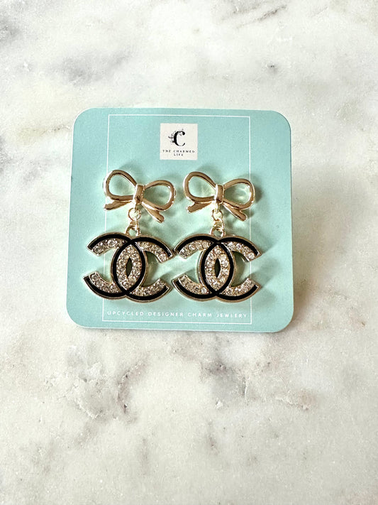 CC black and rhinestones bow pendant earrings