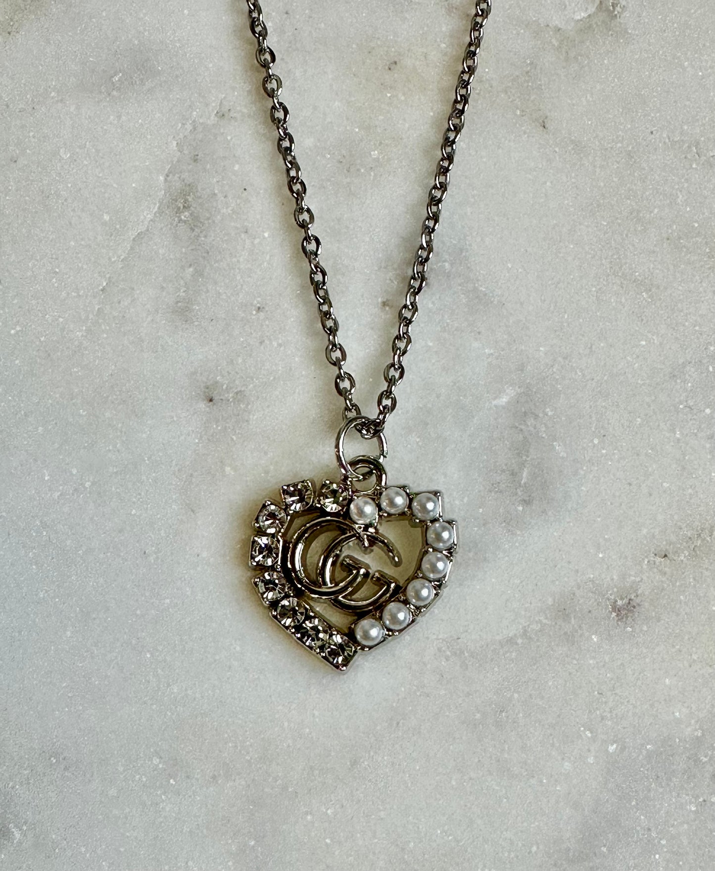 Gucci rhinestone/pearl heart necklace