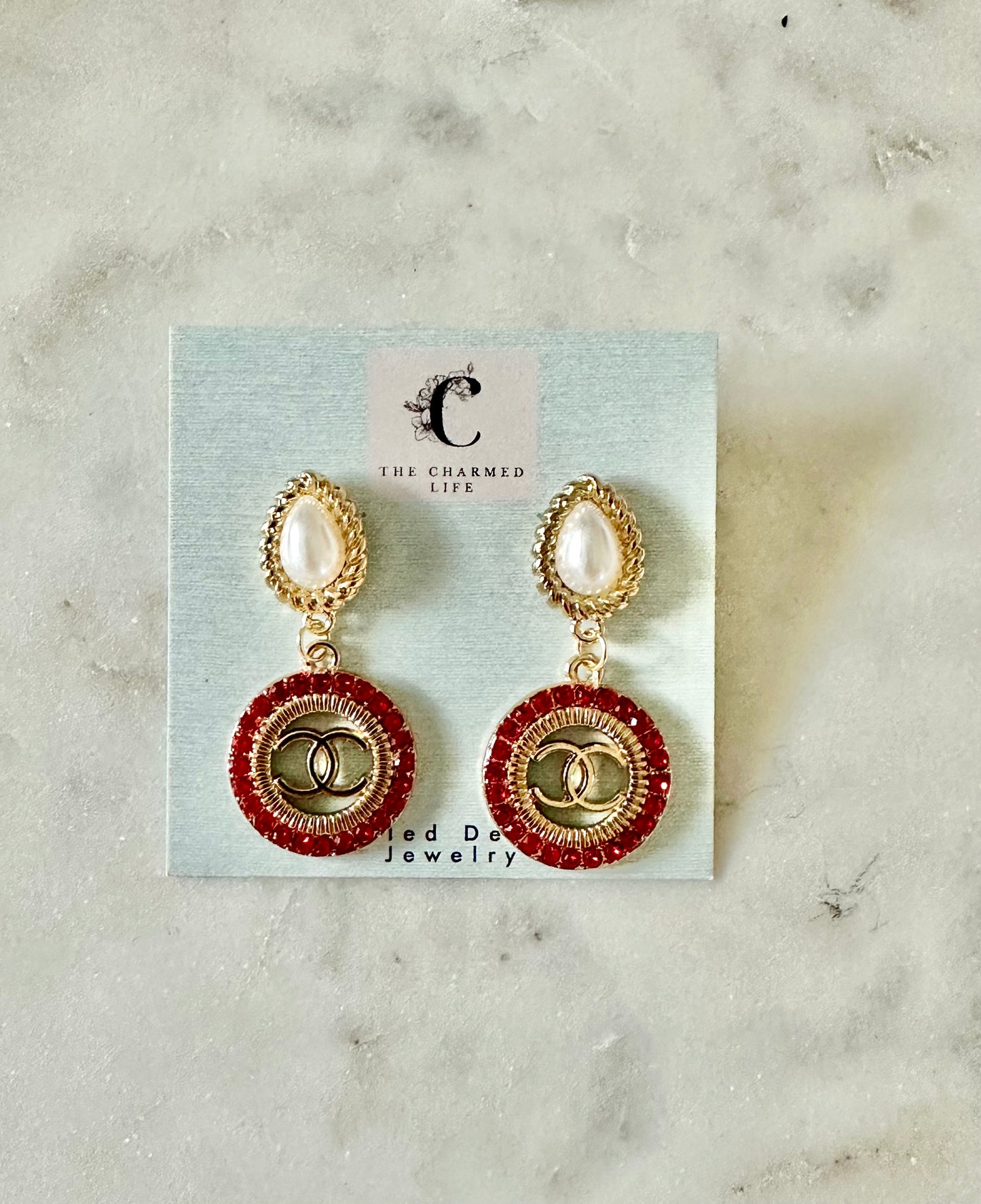 CC red rhinestone/faux pearl earrings