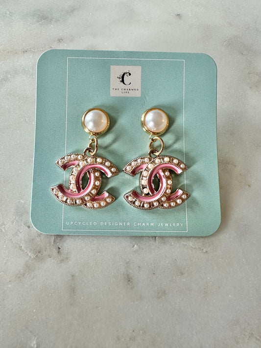 CC pink and faux Pearl pendant earrings