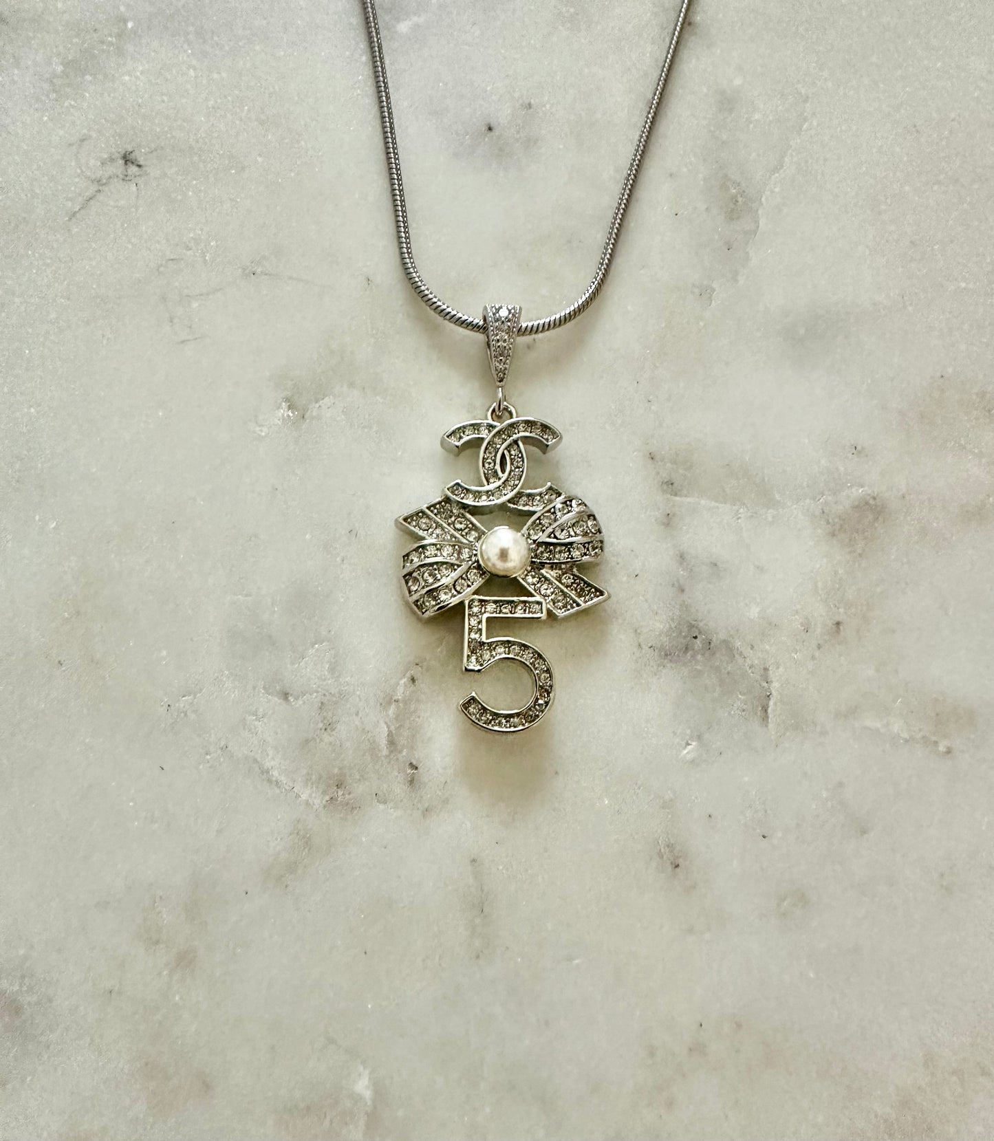Chanel #5 rhinestone and faux pearl necklace