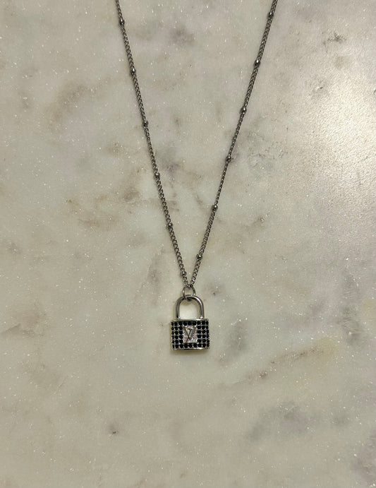 LV black rhinestone lock necklace