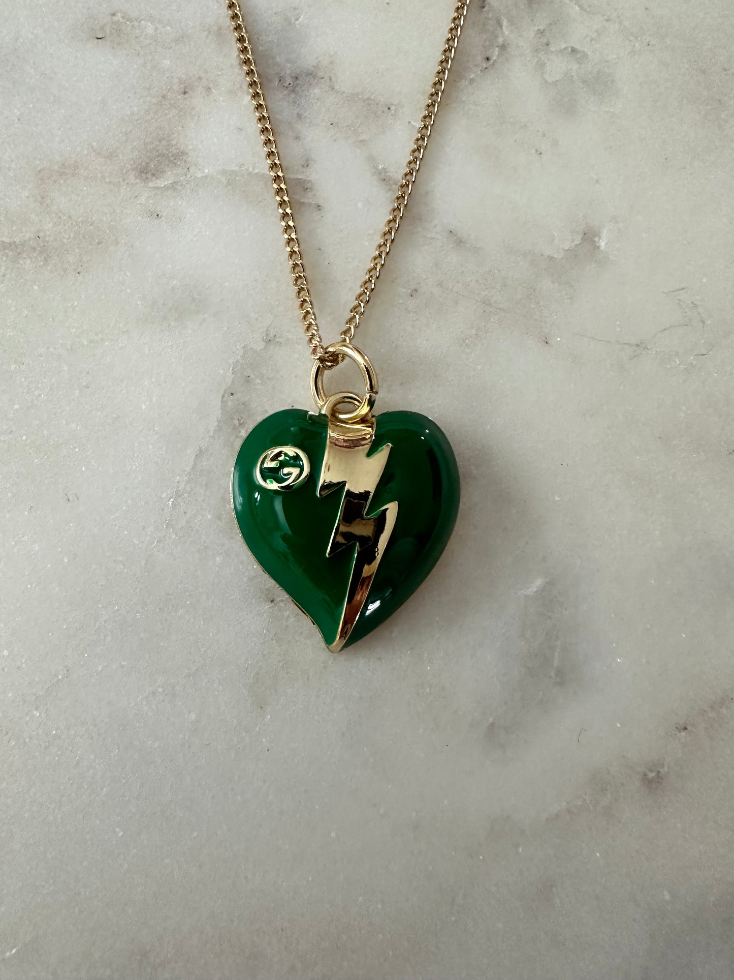 Gucci green lightening bolt heart necklace