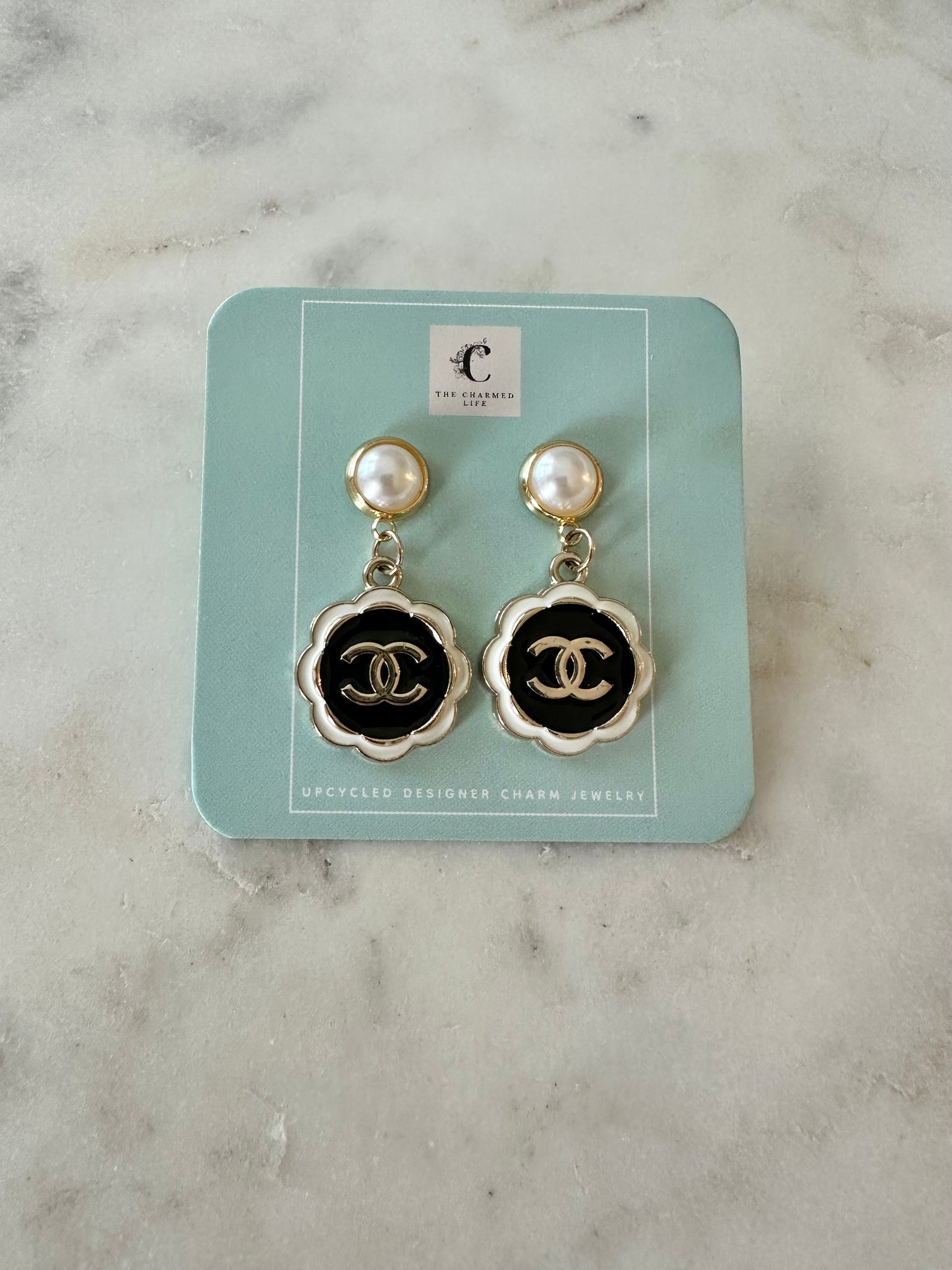 CC black and white camellia flower earrings