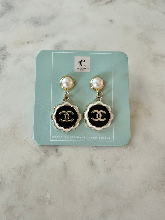 CC black and white camellia flower earrings