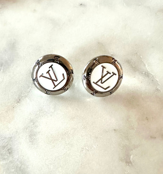 LV white and silver button earrings