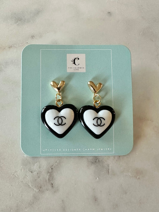 CC black and white resin heart earrings
