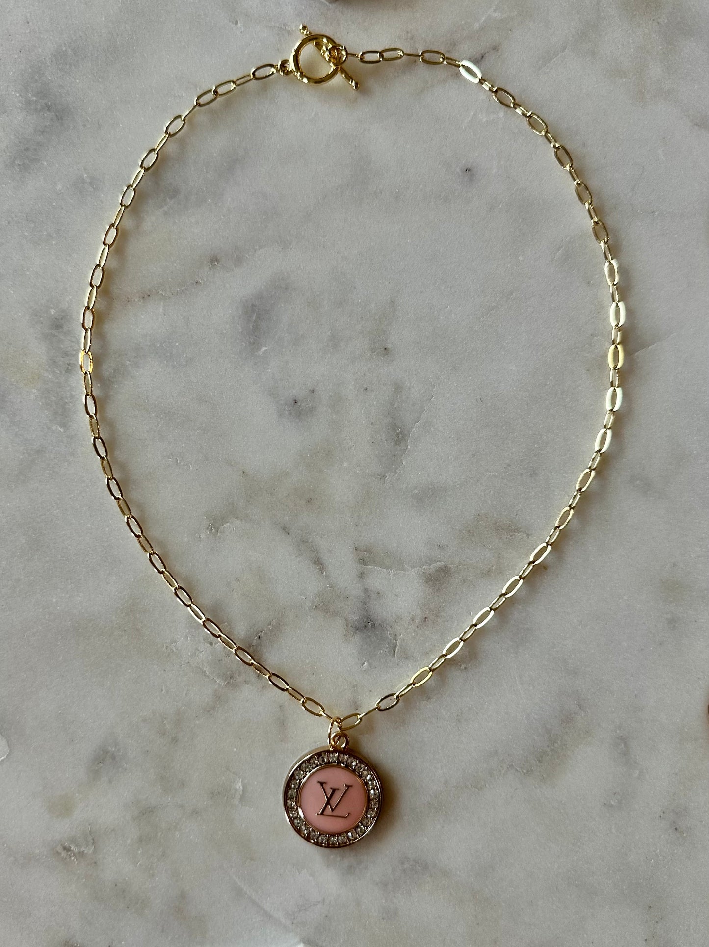 LV pink and rhinestone necklace 16”