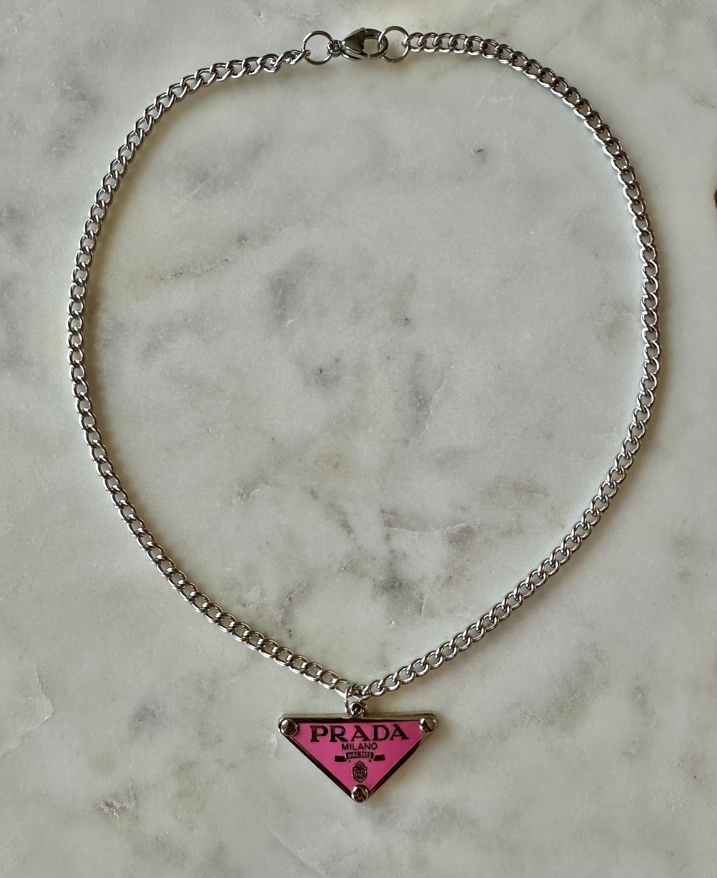 Prada pink stainless steel necklace 16”