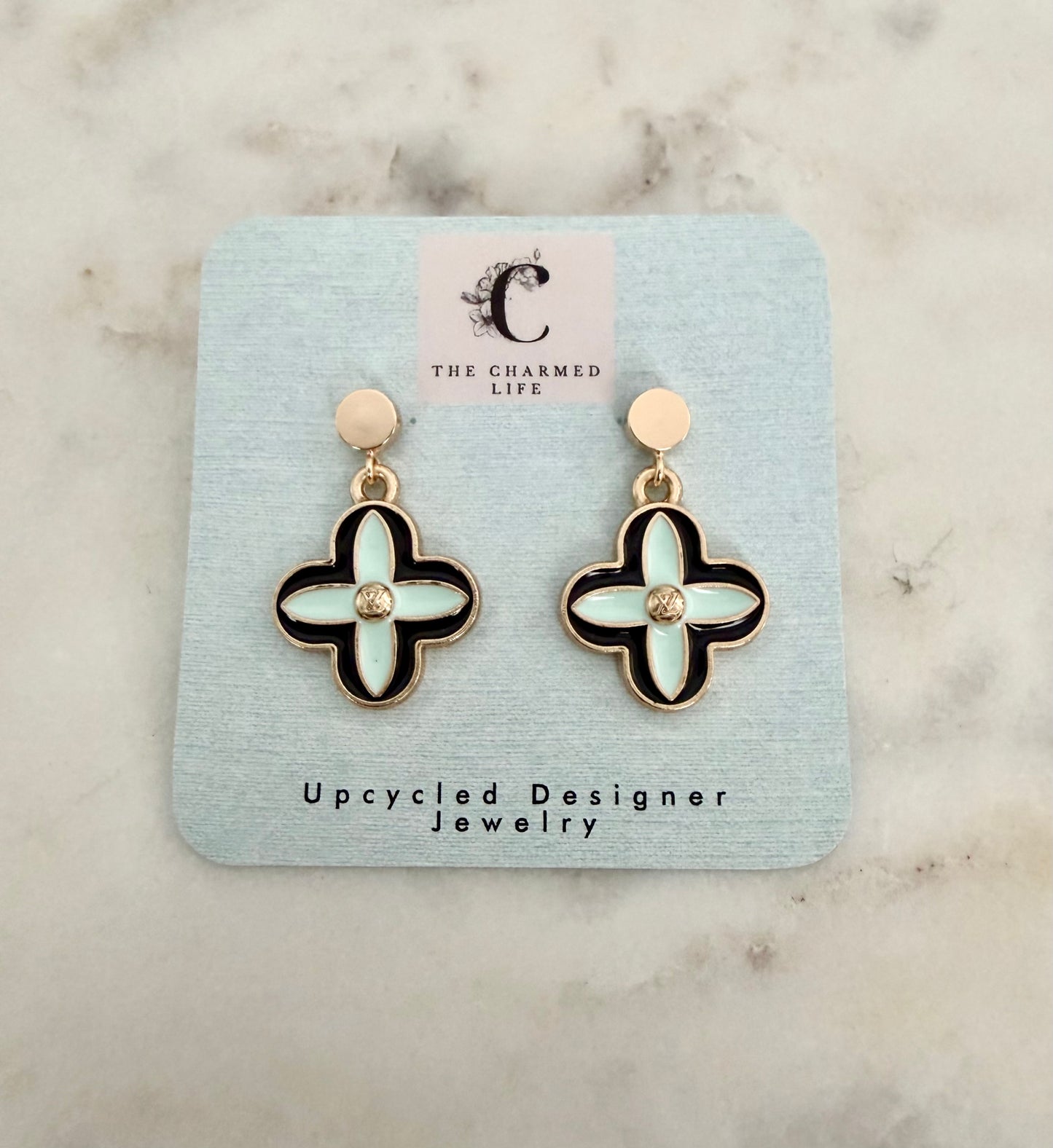 LV black and mint clover earrings