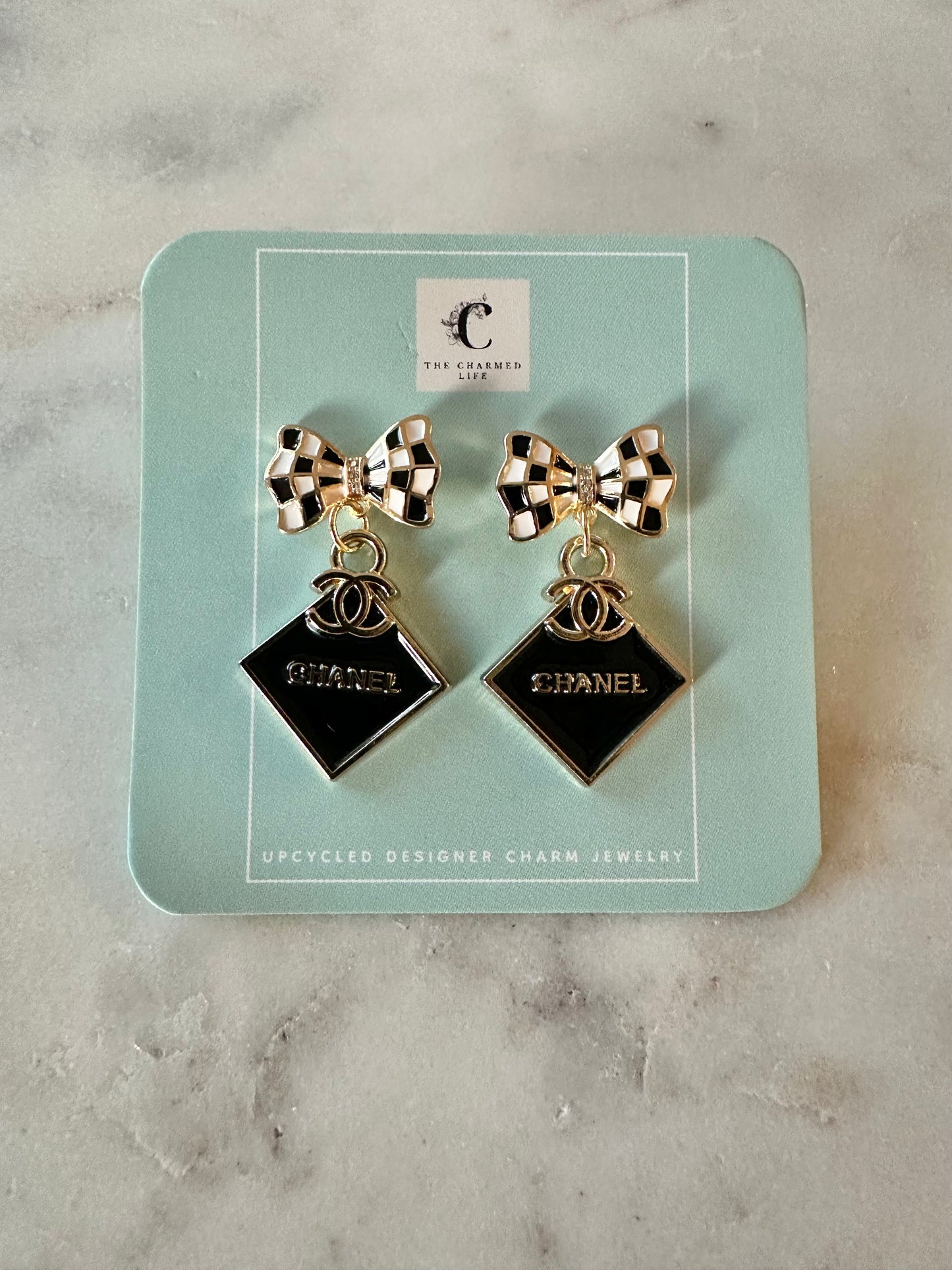Chanel black square with black and white bow earrings