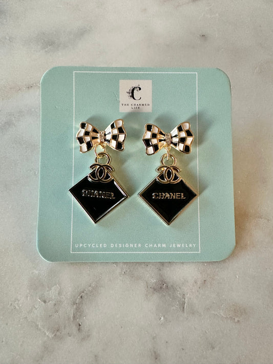 Chanel black square with black and white bow earrings