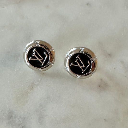 LV black and silver button earrings