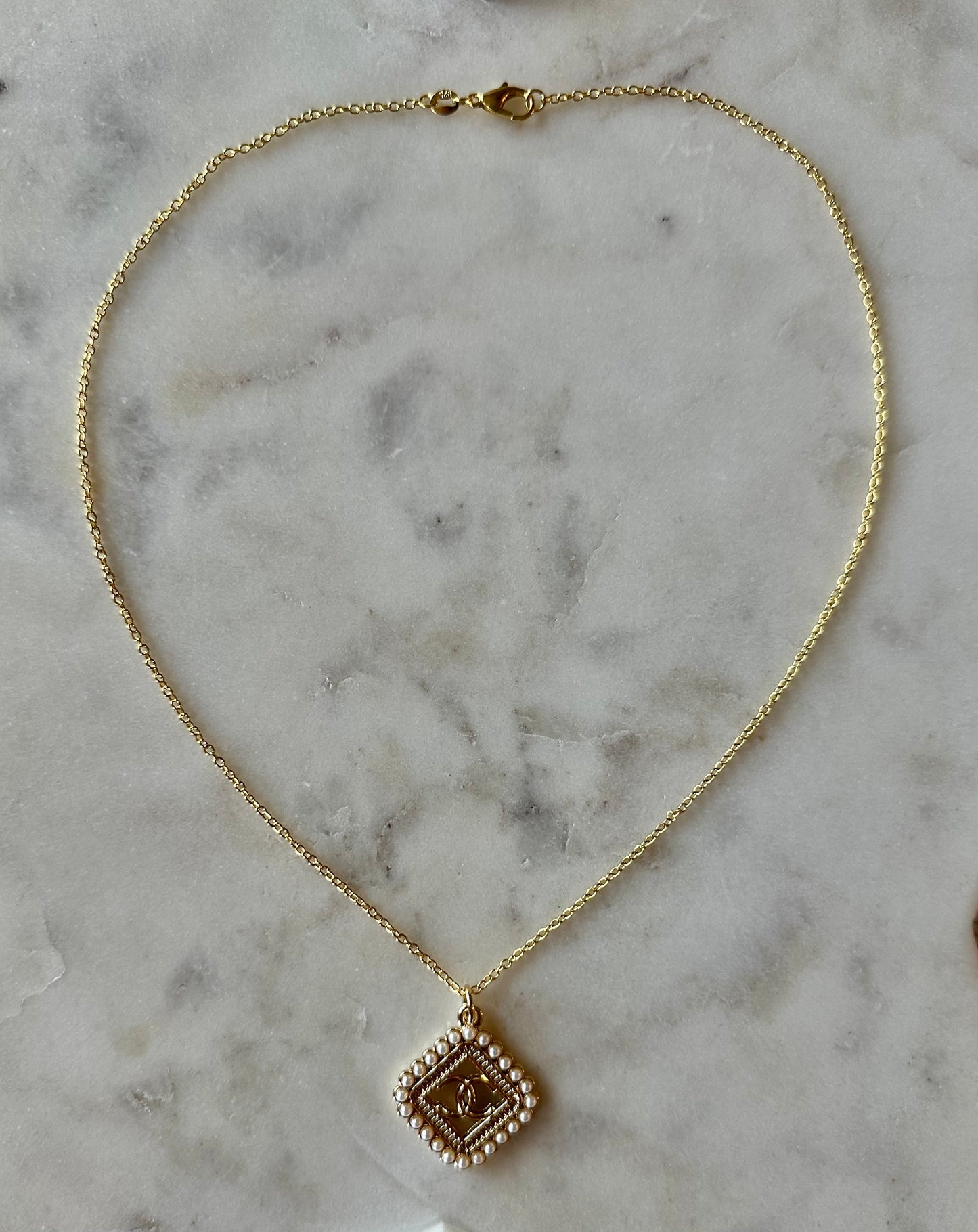 CC square faux pearl necklace 16”