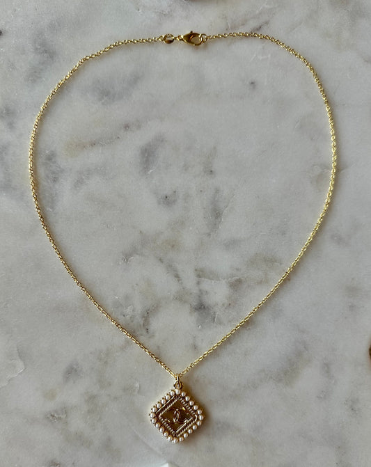 CC square faux pearl necklace 16”