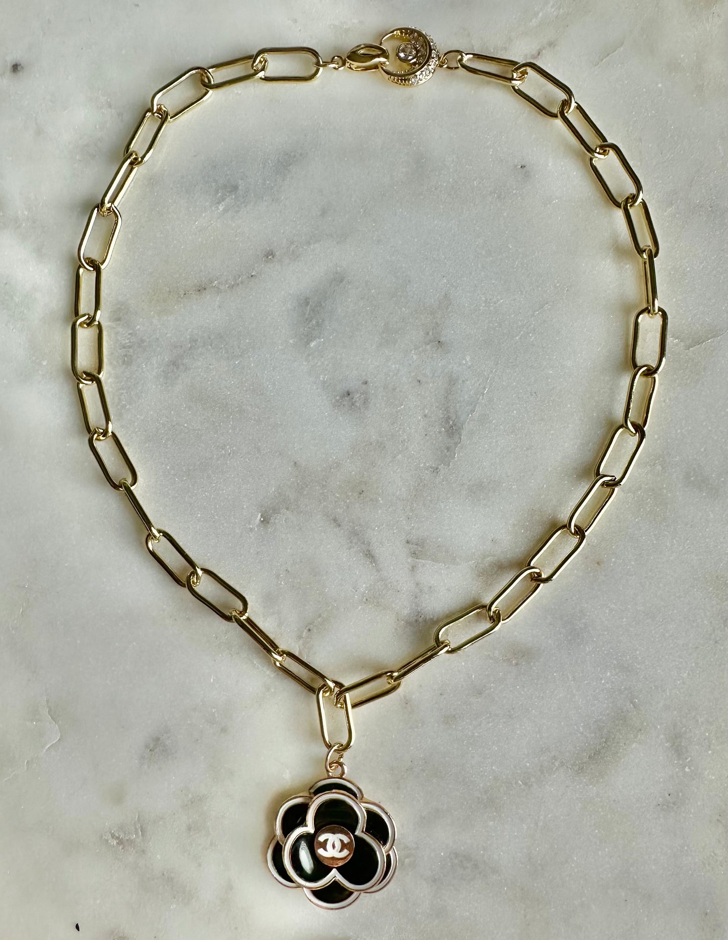 CC black camellia flower necklace