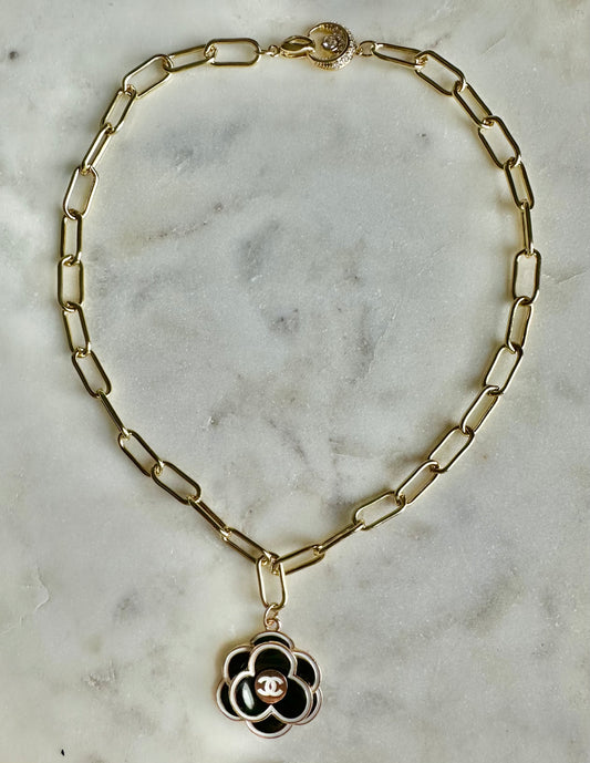 CC black camellia flower necklace