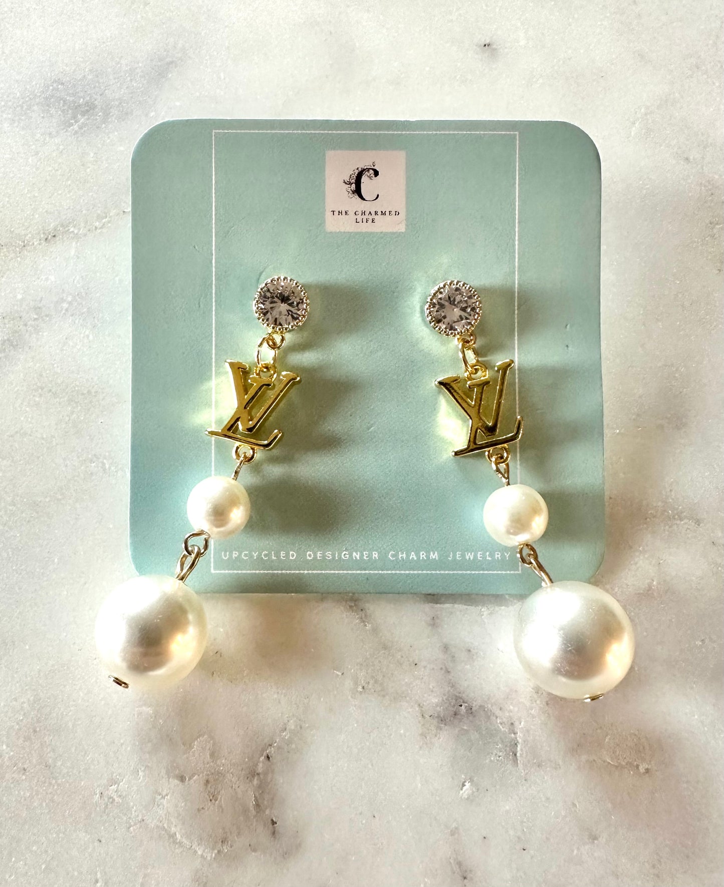 LV pearl and rhinestone pendant earrings