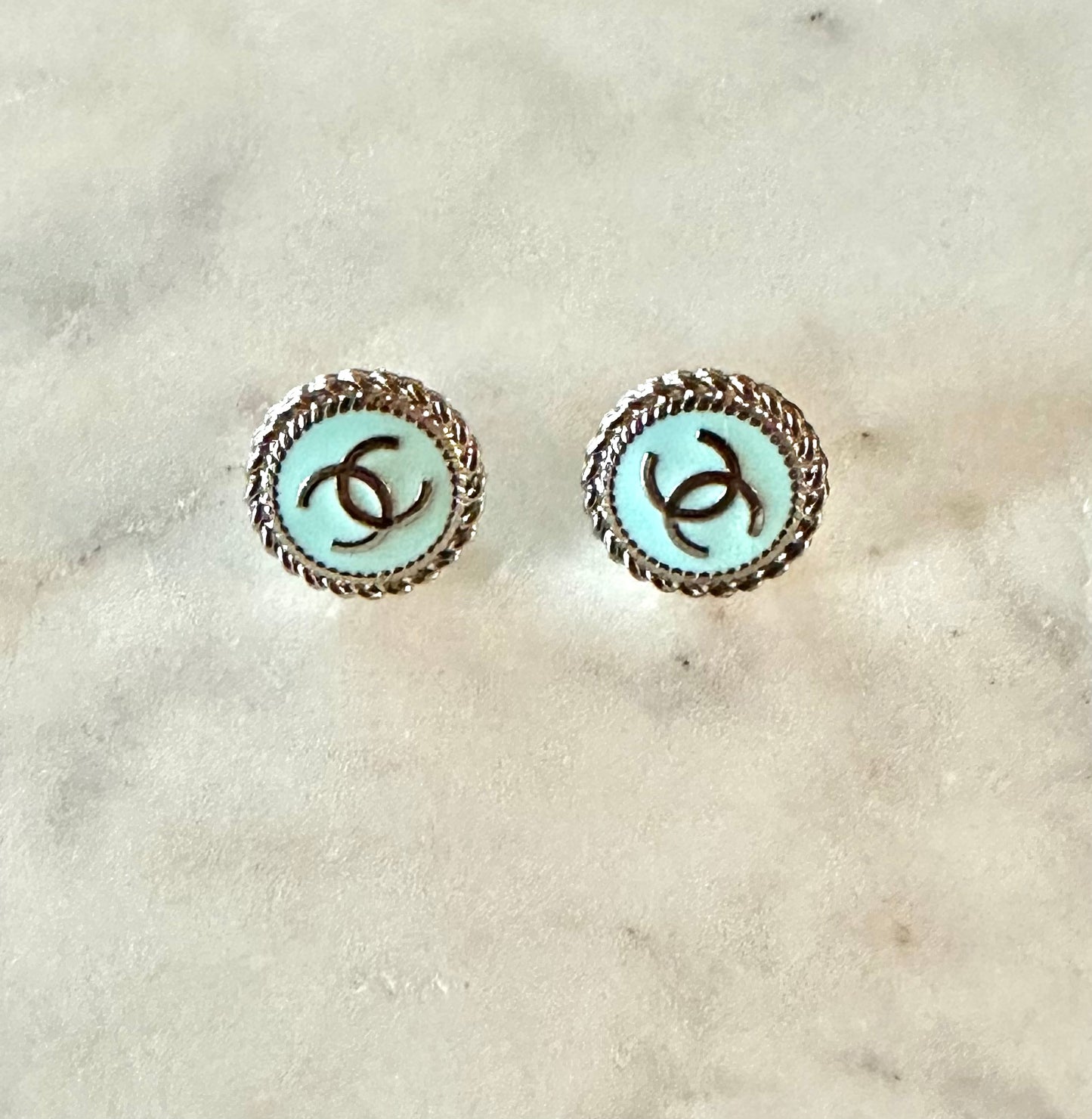 CC mini blue and silver button earrings