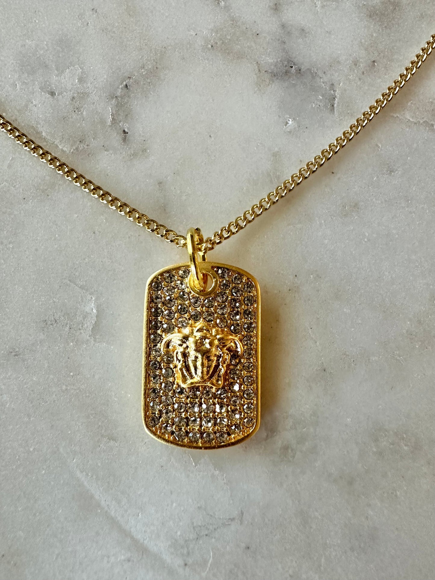 Versace rhinestone dog tag necklace 16”