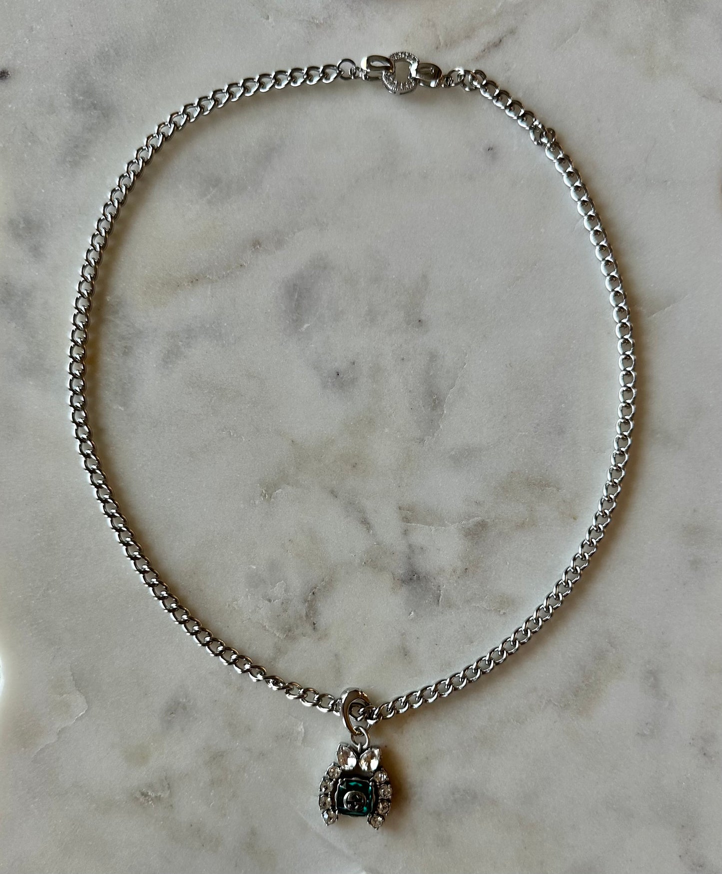 Gucci green and rhinestone necklace 16”