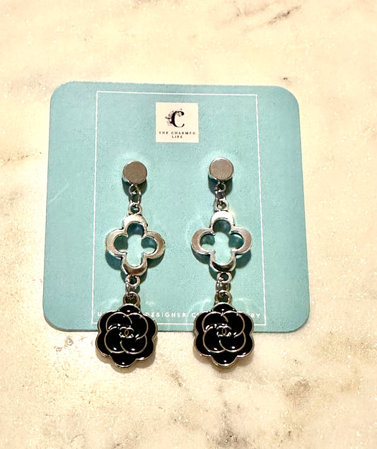 CC black camellia flower earrings