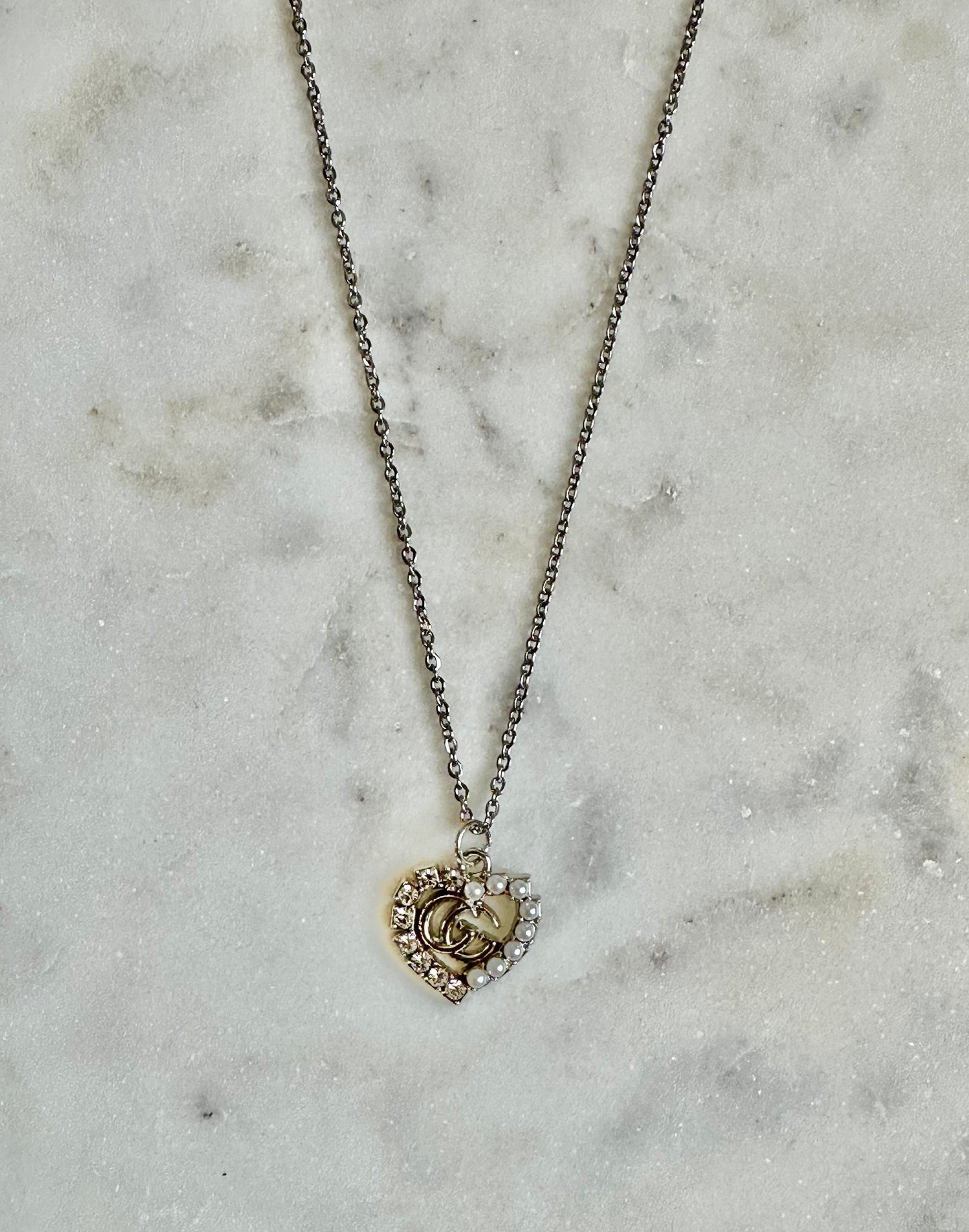Gucci rhinestone/pearl heart necklace