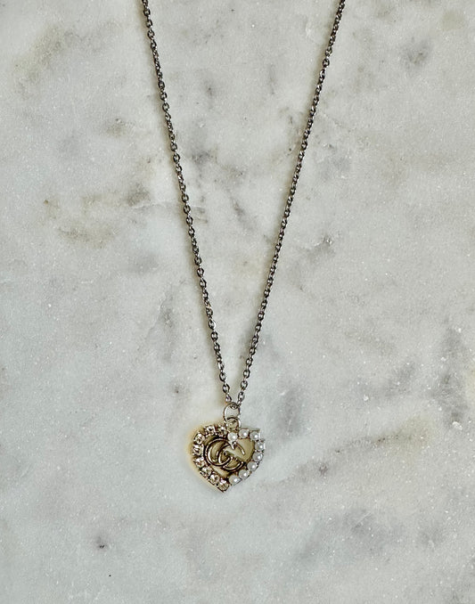Gucci rhinestone/pearl heart necklace