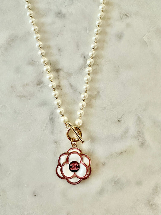 CC faux pearl camellia flower necklace 16”