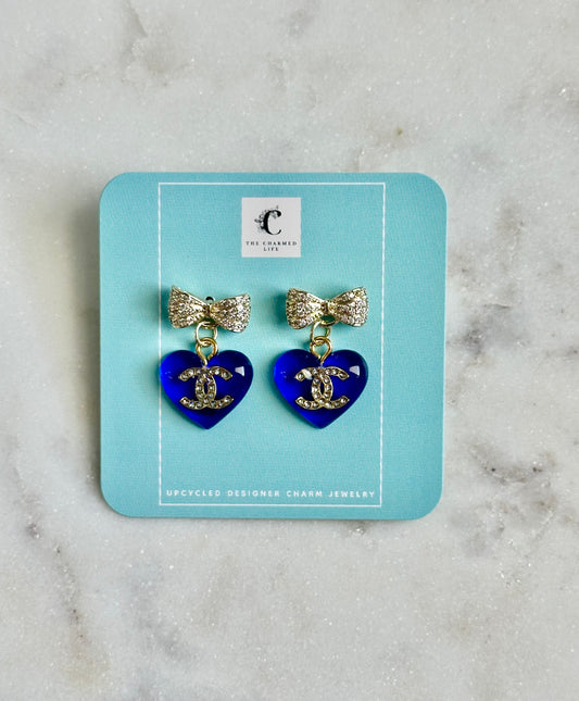 CC blue heart bow earrings