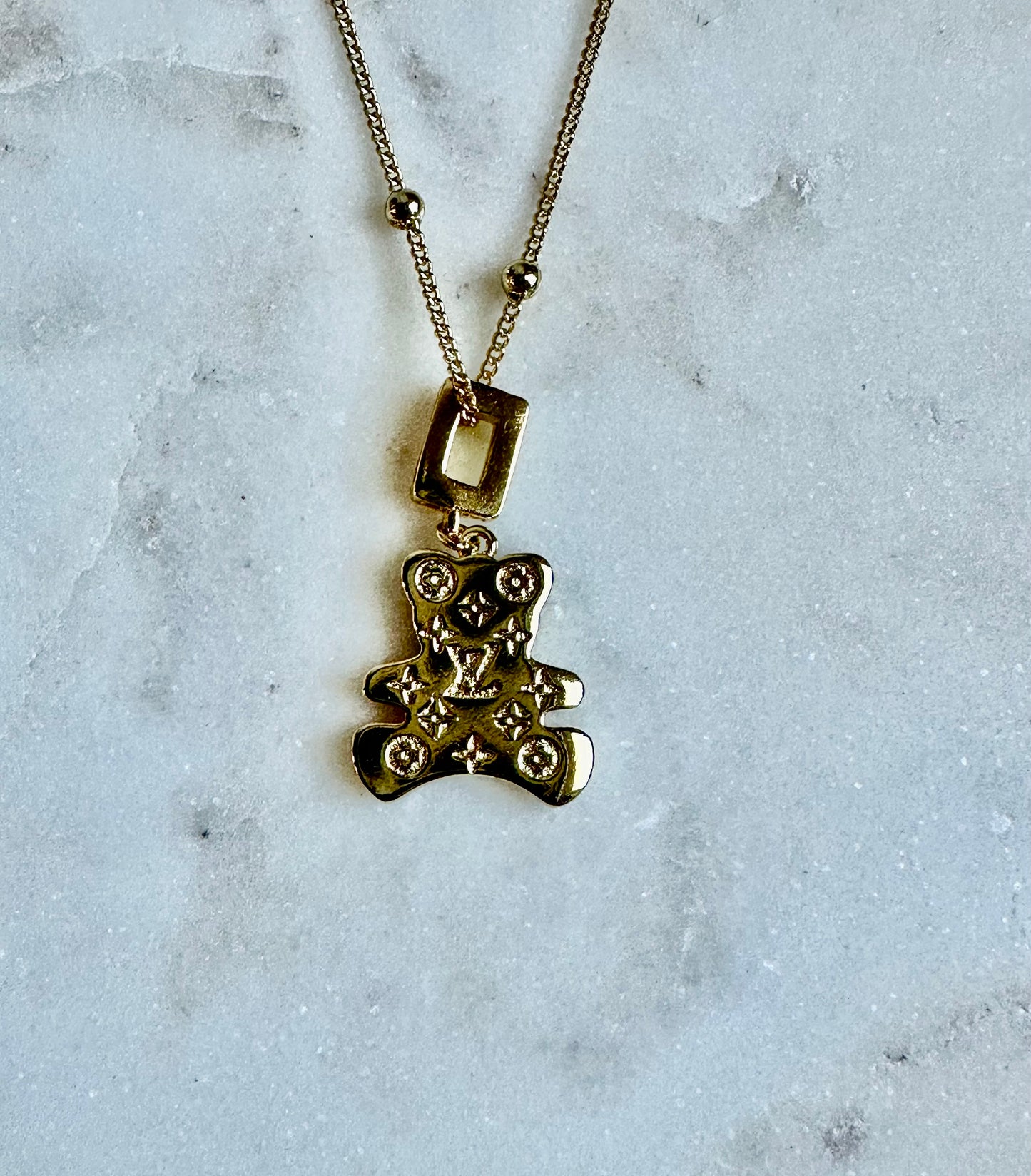 LV rhinestone teddy bear necklace