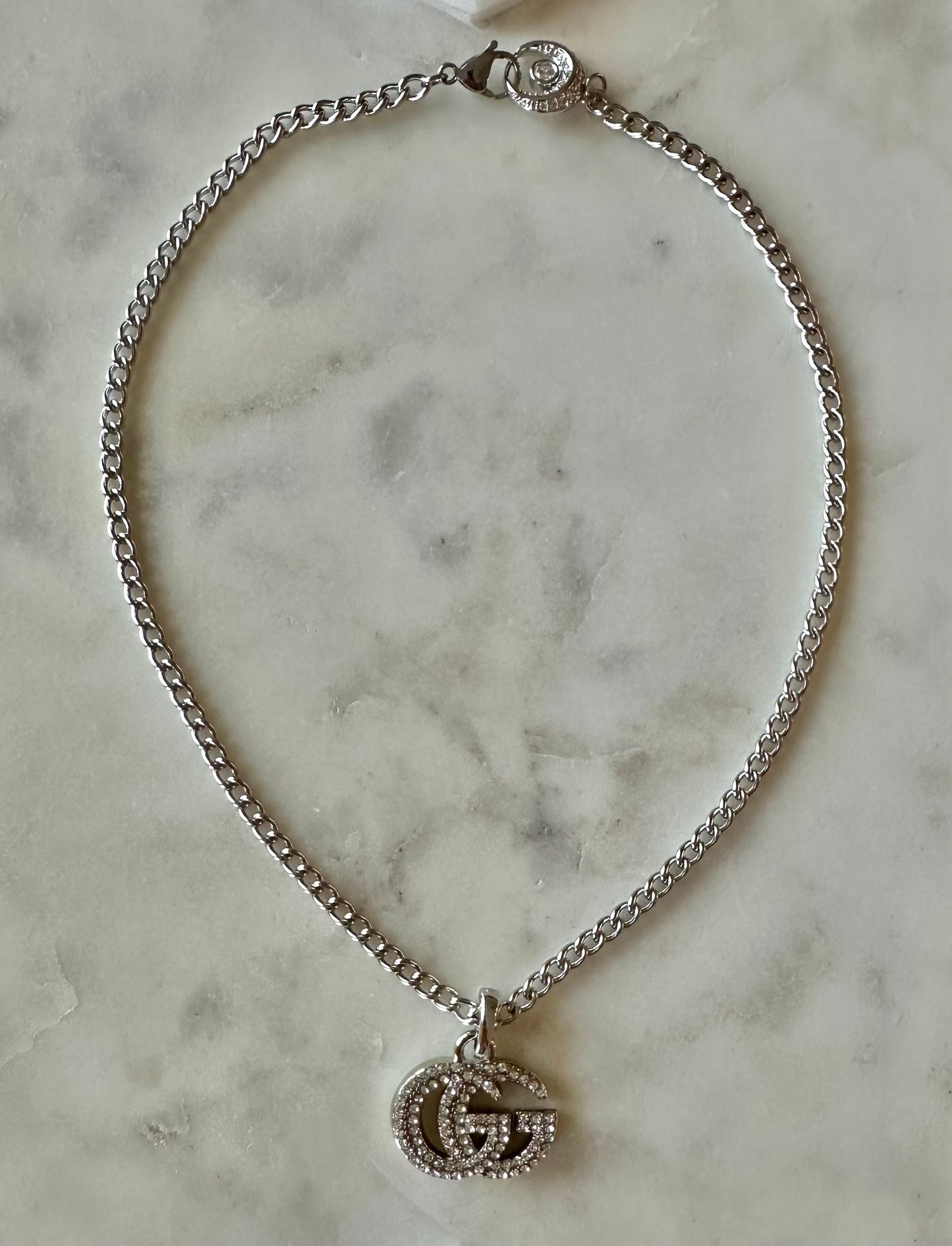 Gucci GG rhinestones stainless steel necklace 16”