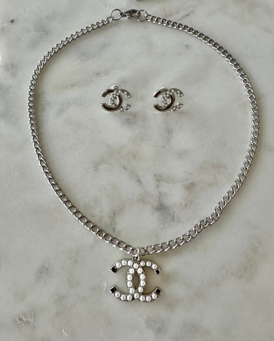 CC faux pearl silver tone set