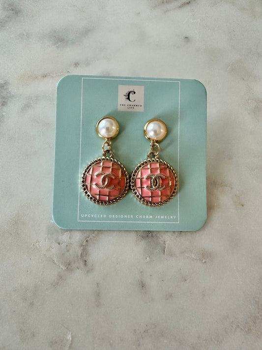 CC Pink quilted pendant earrings