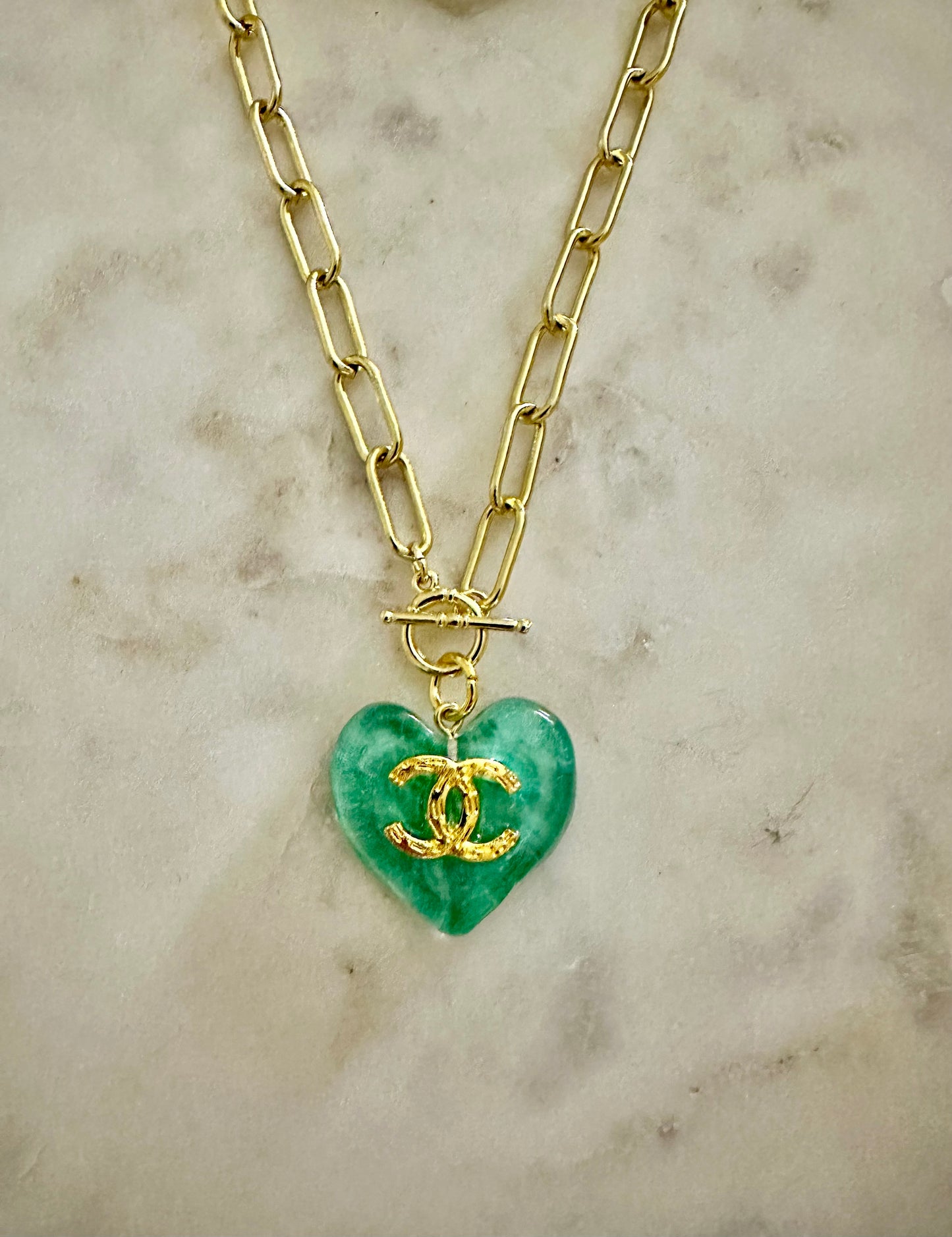 CC green heart paper clip necklace