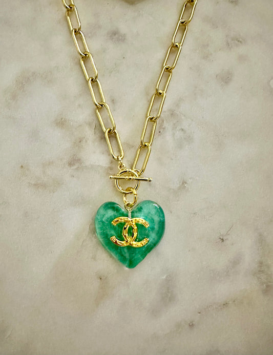 CC green heart paper clip necklace
