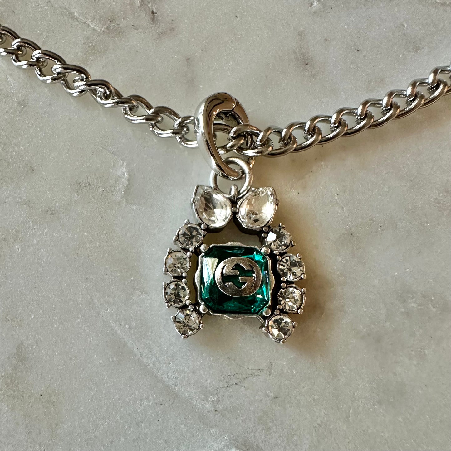 Gucci green and rhinestone necklace 16”