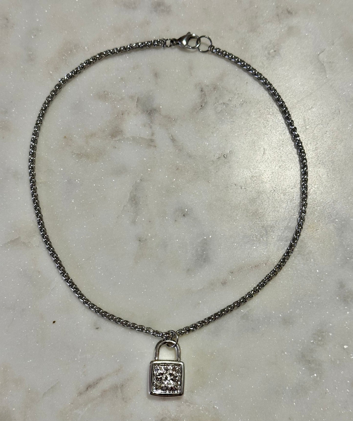 CC rhinestone silver lock necklace