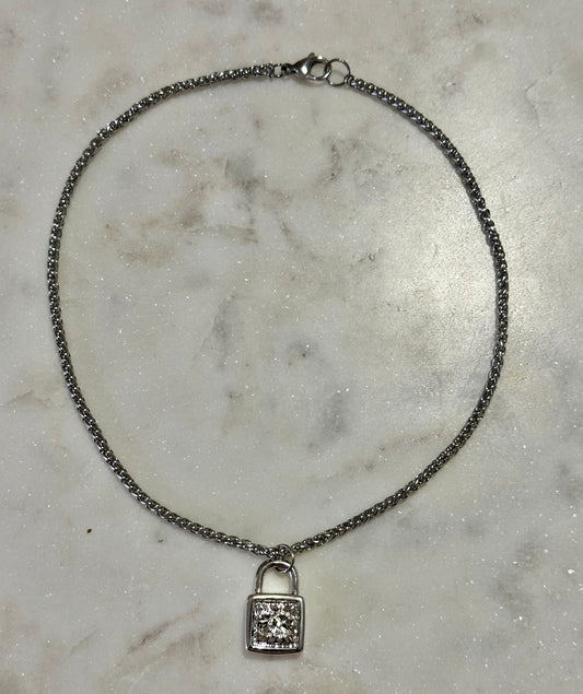 CC rhinestone silver lock necklace
