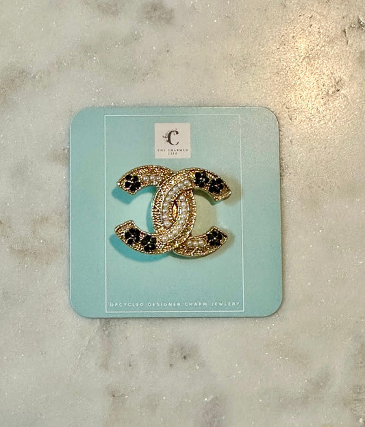 CC pearl and black rhinestones brooch pin