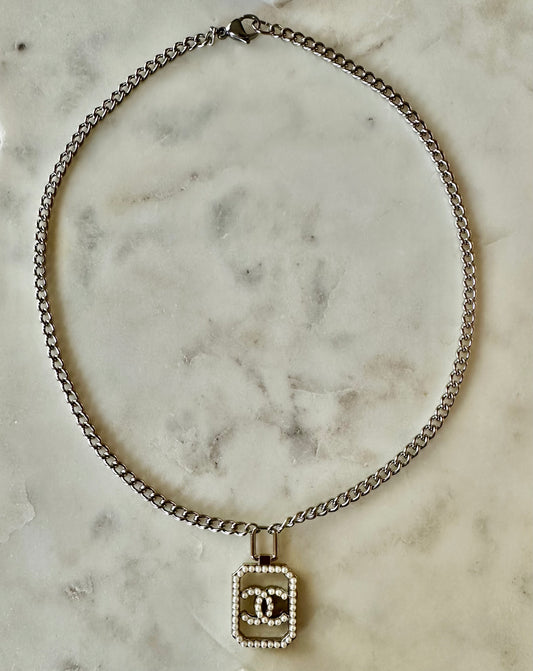 CC pearl and silver tone necklace