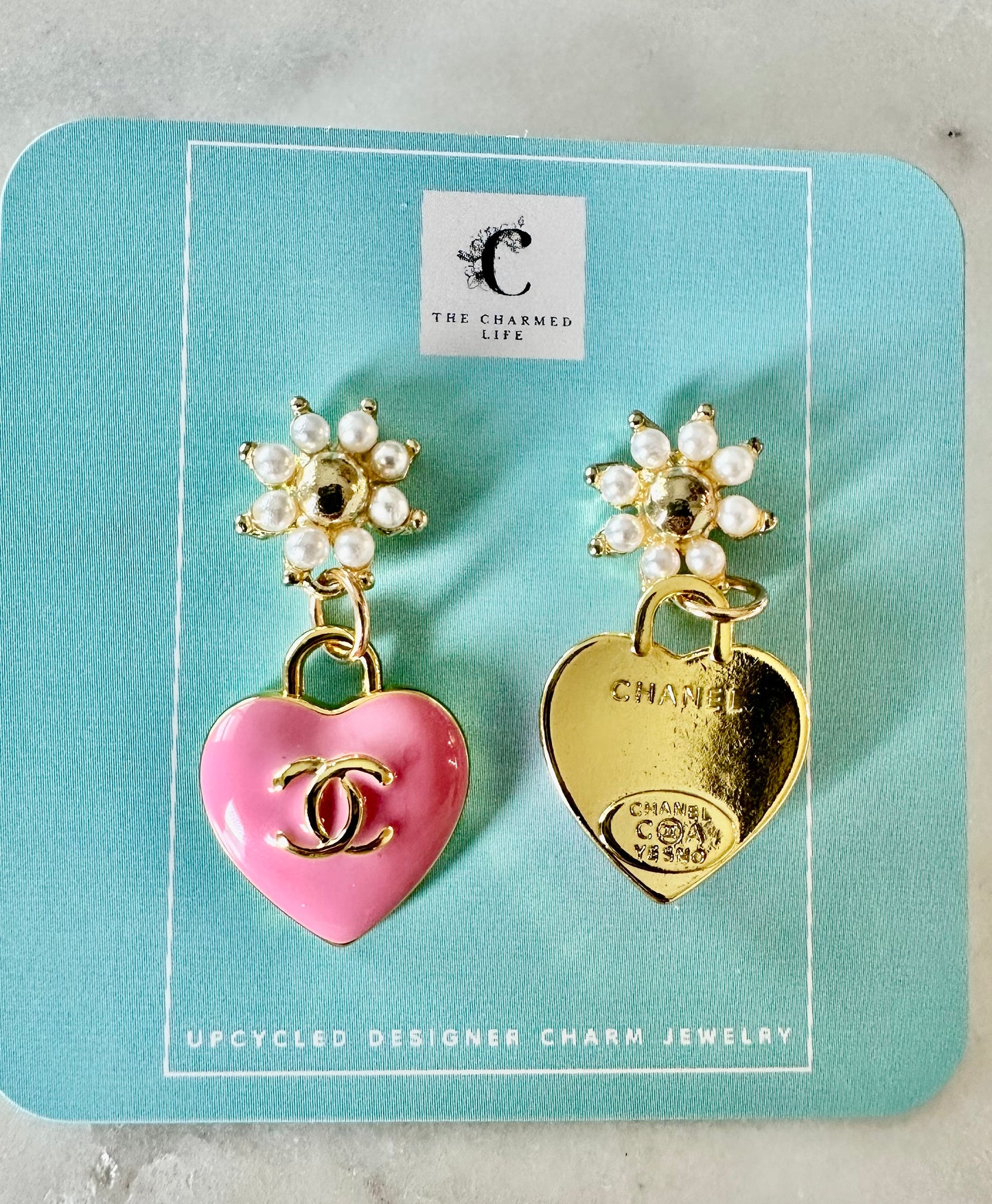 CC Pink heart faux pearl earrings