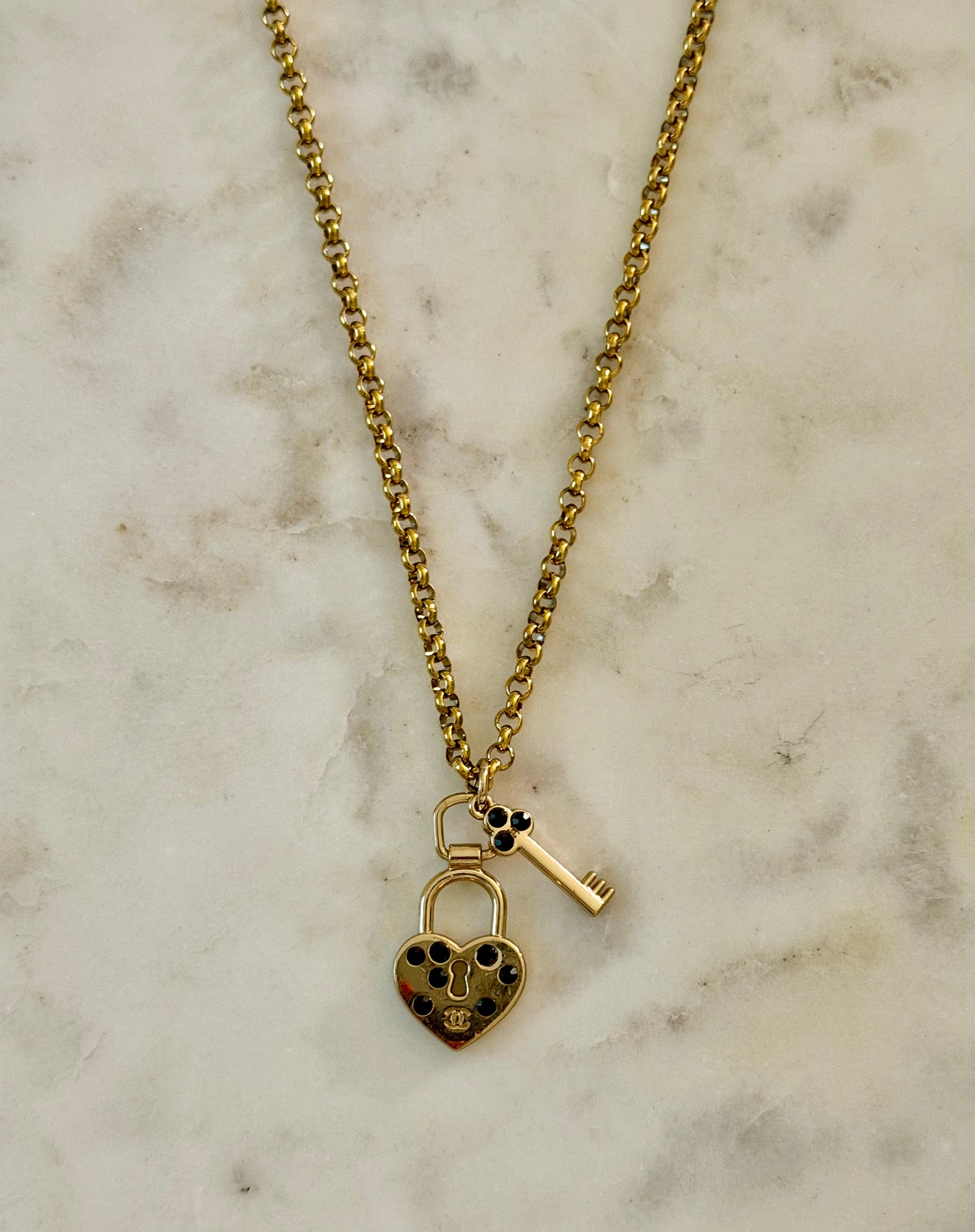 CC black rhinestone heart lock and key necklace