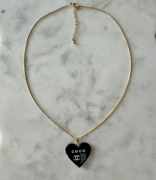 Coco black resin heart necklace 16”