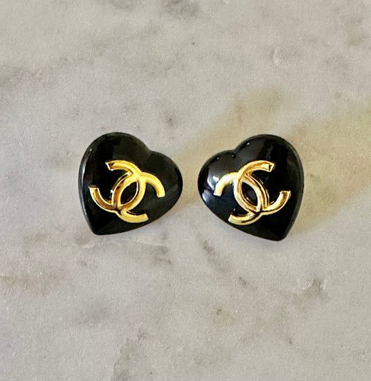 CC black heart button earrings