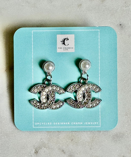 CC pearl and rhinestone silver tone earrings