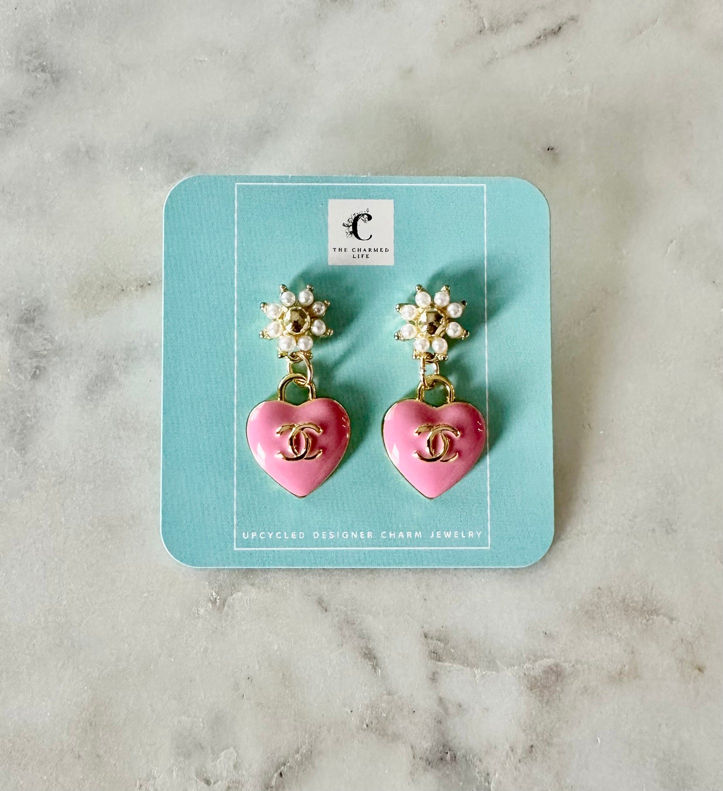 CC Pink heart faux pearl earrings